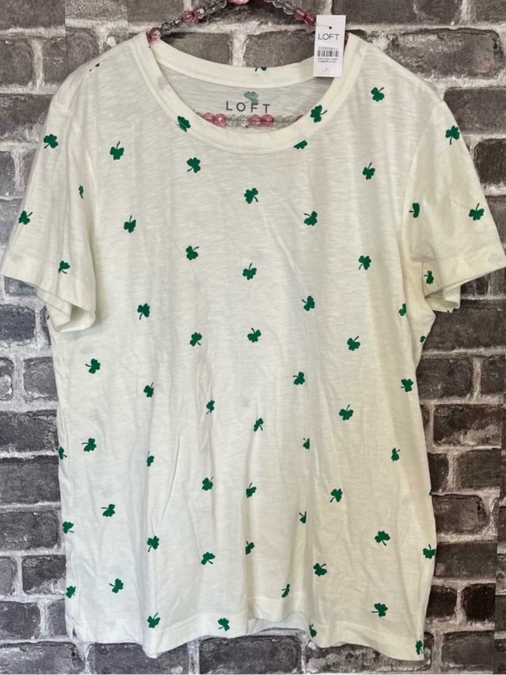 NWT Loft white green shamrock tee shirt top four leaf clover size L Large